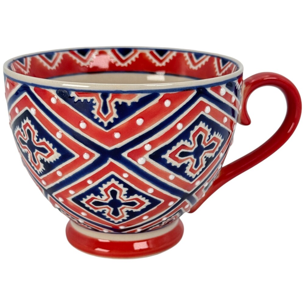 Yokohama Studio Large Boho Coffee Mug Cup Latte Stoneware Red Blue Hand Painted